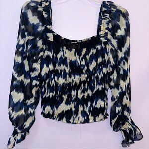 Express Smocked Abstract Print Blouse in Black/Blue/Ivory